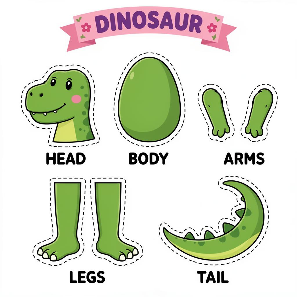 Sample cutout sheet showing a dinosaur broken into labeled parts with dashed cutting lines