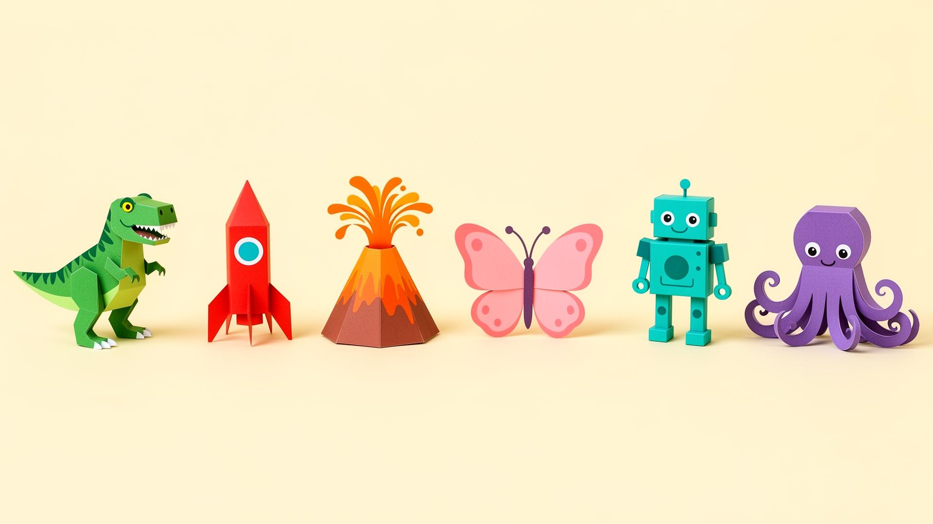 A row of colorful paper-craft models: dinosaur, rocket, volcano, butterfly, robot, octopus